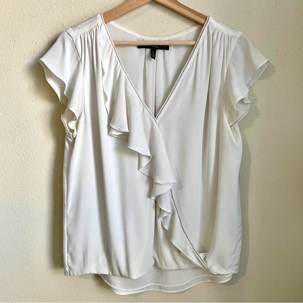 WHBM Short Sleeve Asymmetrical Beaded Ruffle Blouse Sz. 8